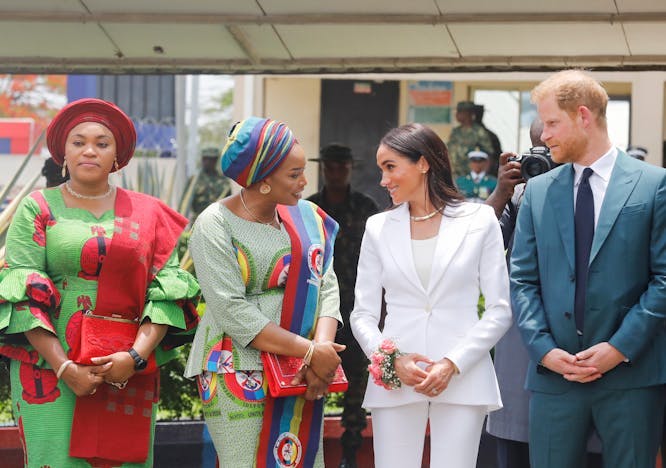 Prince Harry, Duke of Sussex and Meghan, Duchess of Sussex meet with the Chief of Defence Staff of Nigeria at the Defence Headquarters in Abuja on May 10, 2024 in Abuja, Nigeri. Photo courtesy of Getty Images.