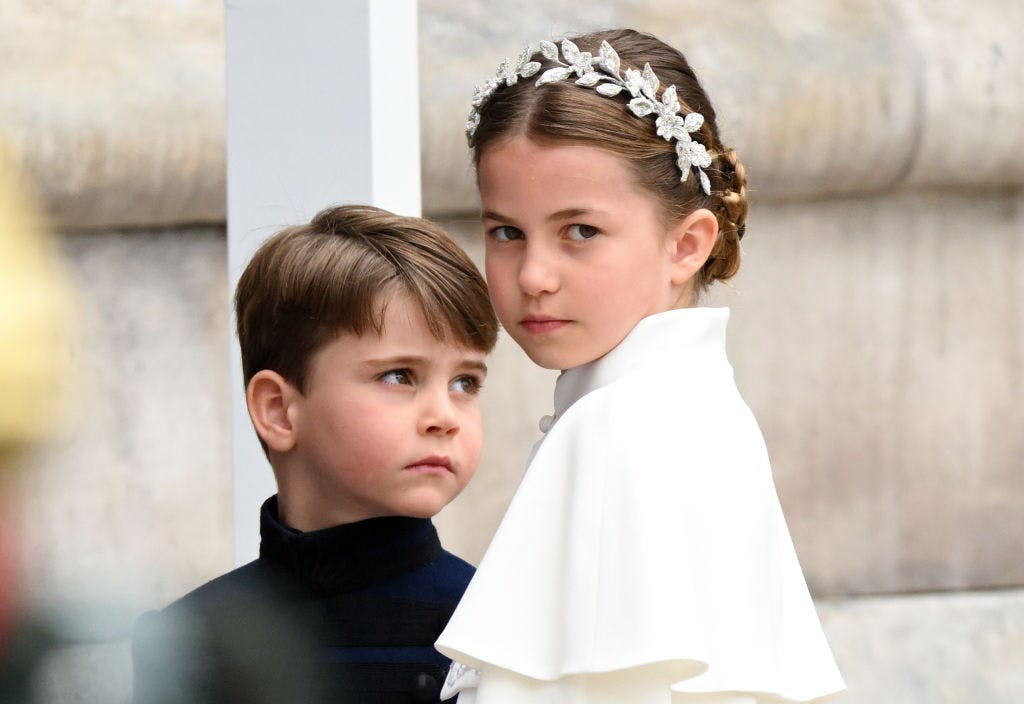 Princess Charlotte dresses : princess charlotte style : Prince Louis and Princess Charlotte arrive at Westminster Abbey for the Coronation of King Charles III and Queen Camilla. Getty Images.