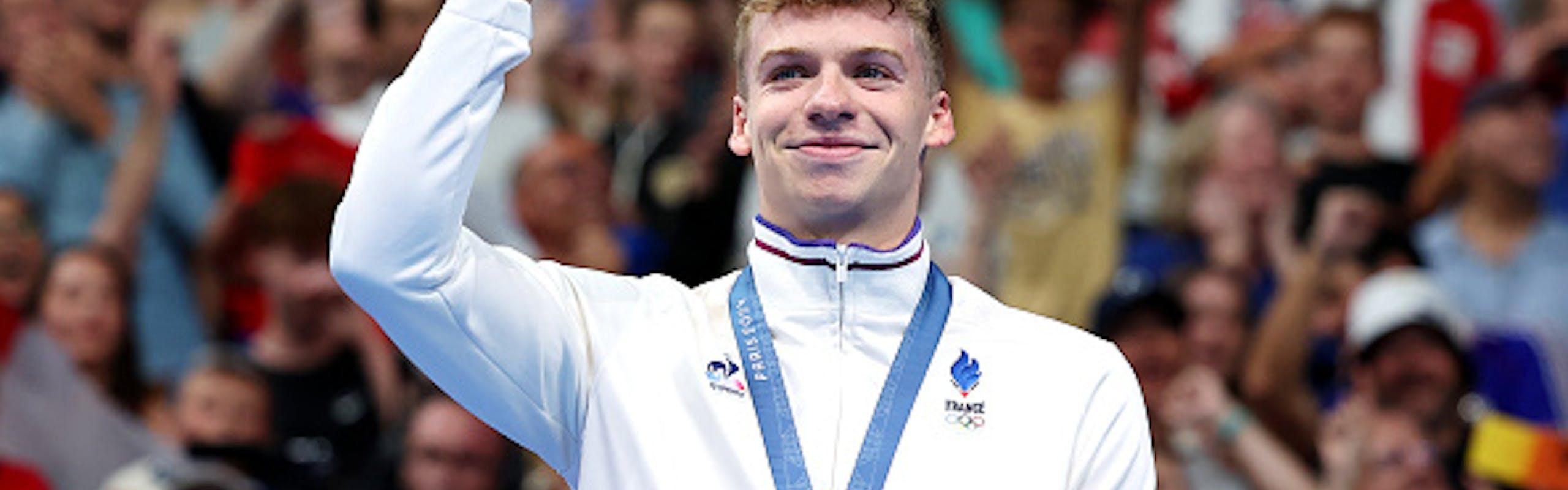 Léon Marchand at the Paris 2024 Olympics. Getty Images.