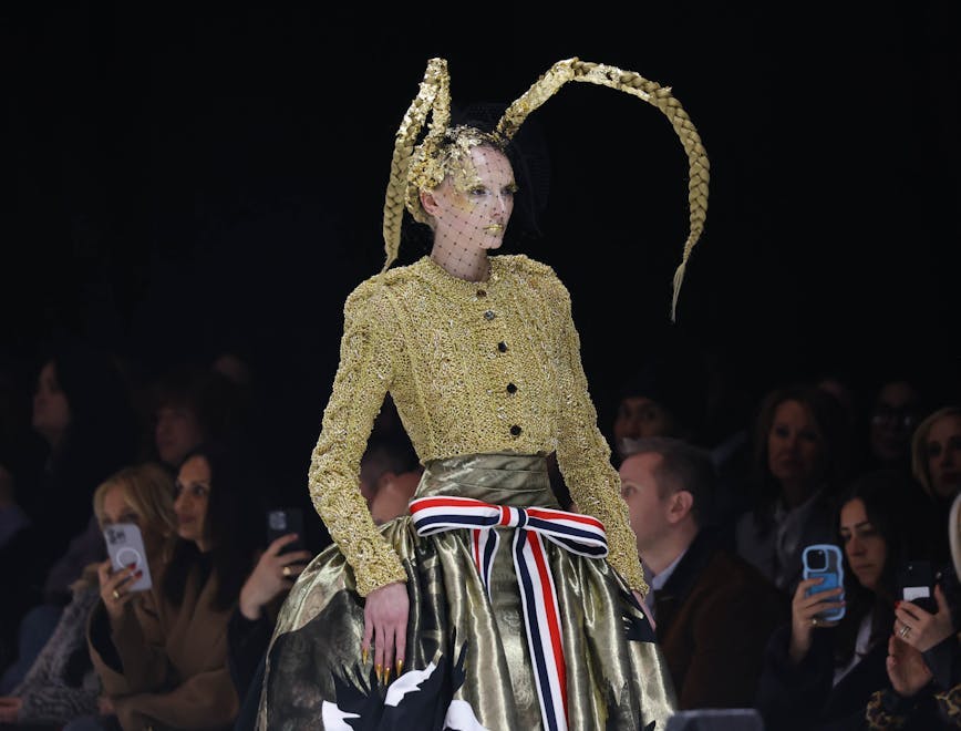 Alex Consani walking Thom Browne Fall 2024. Getty Images.