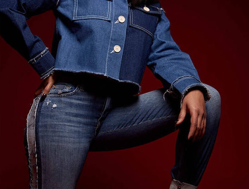 clothing apparel pants person human sleeve jeans denim long sleeve female