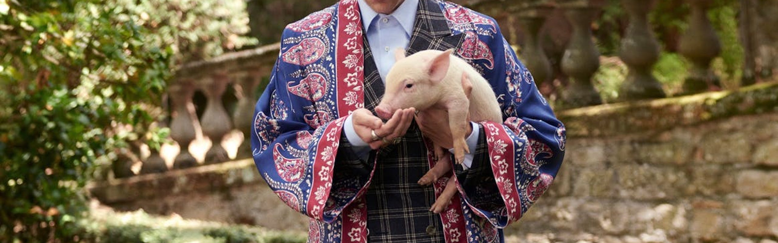 Harry Styles holding a baby pig wearing a plaid suit and printed jacket