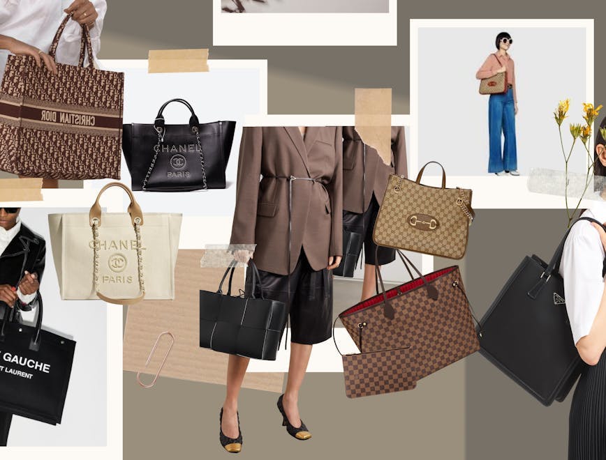 Collage of different designer totes including Saint Laurent, Louis Vuitton, Christian Dior and Chanel.