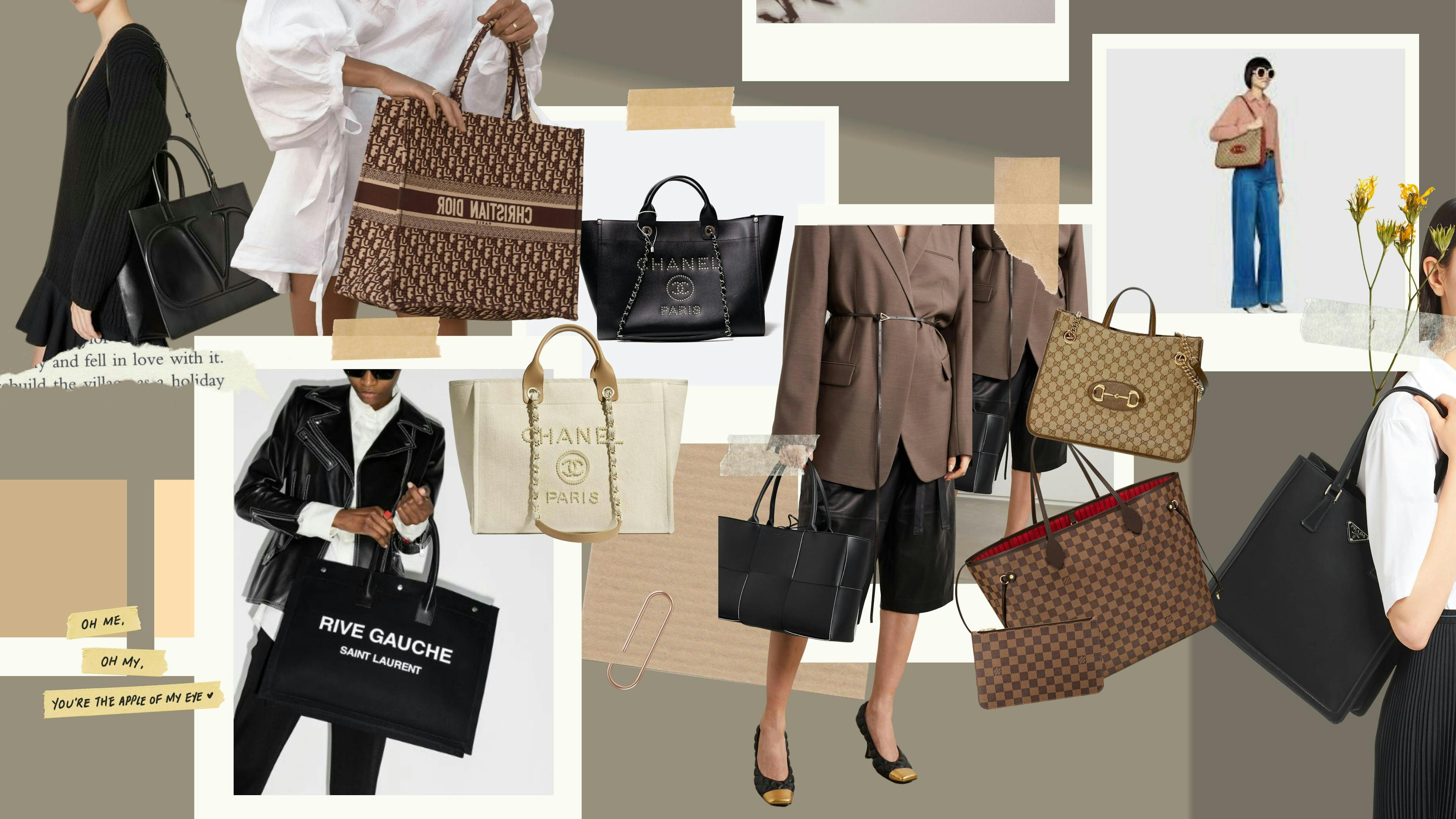 Collage of different designer totes including Saint Laurent, Louis Vuitton, Christian Dior and Chanel.
