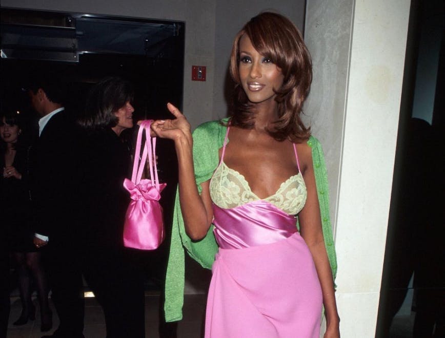 Iman in green and pink lace mini slip dress, 1996.
