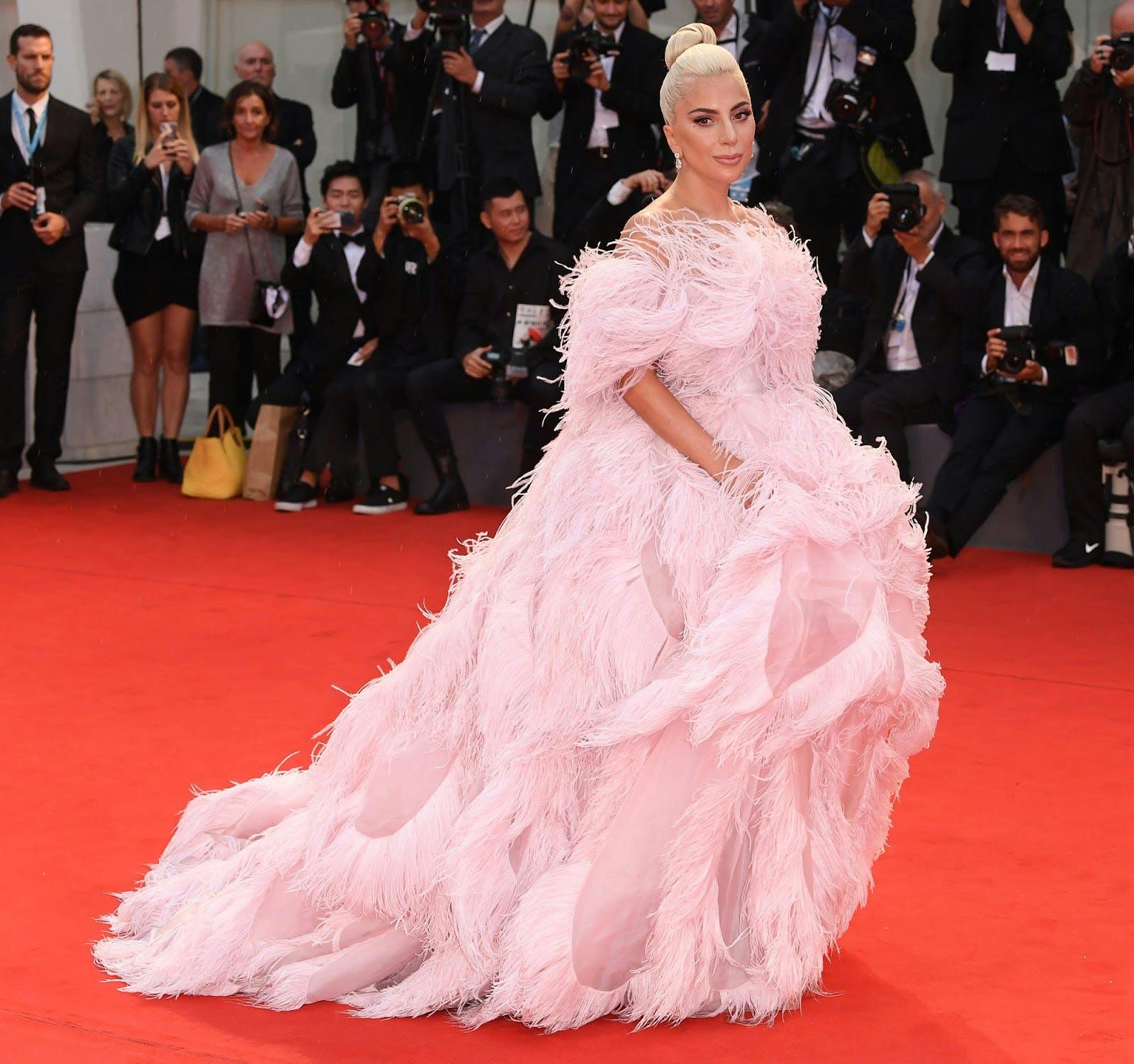Lady Gaga wears Valentino Haute Couture at the 2018 Venice Film Festival.
