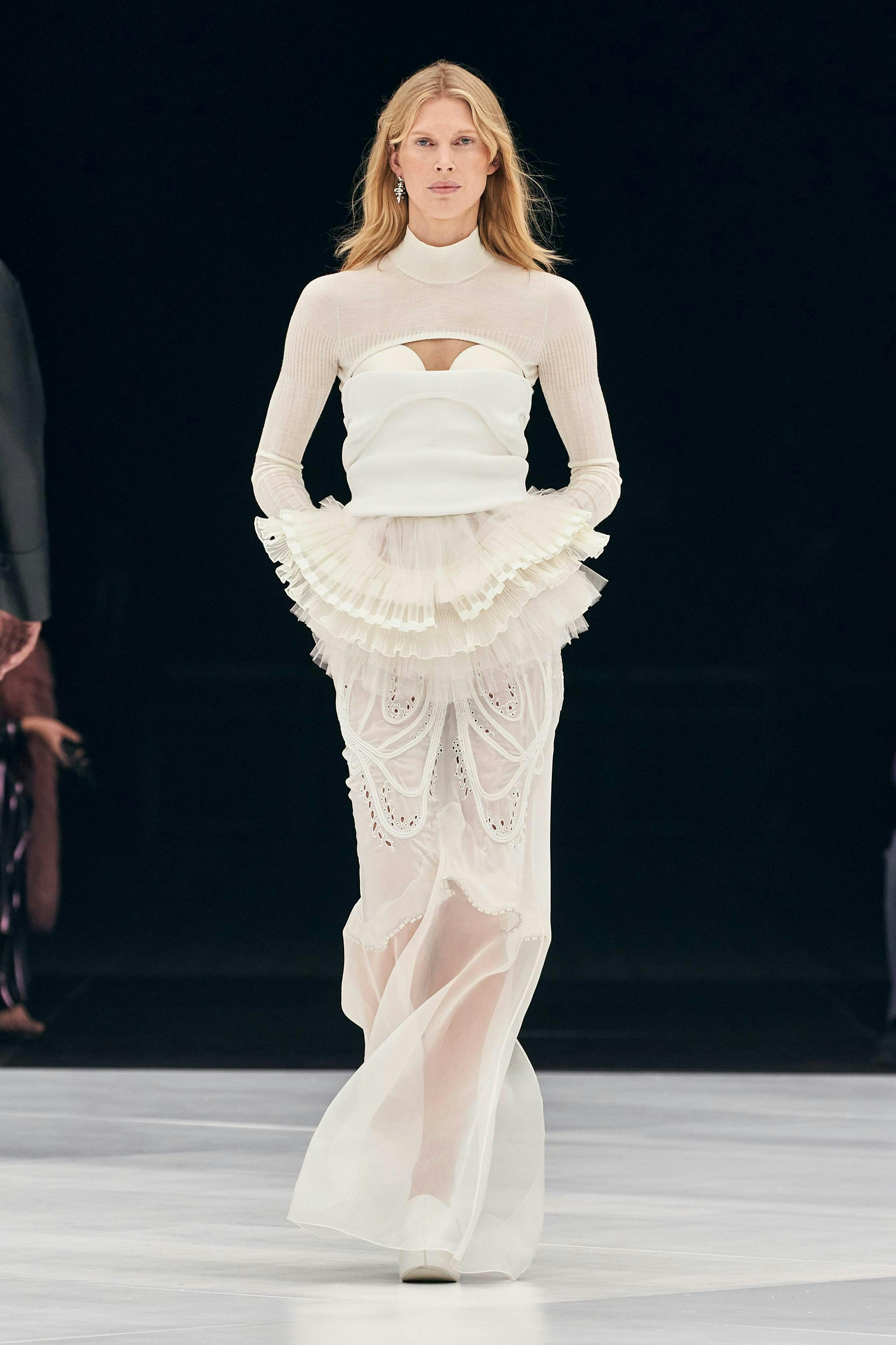 The  model wears a white top, a white drop shoulder cropped sweater, and a sheer maxi skirt with ruffle detailing and a cut-out pattern.
