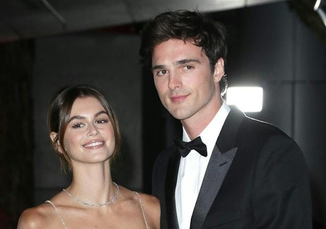 Kaia Gerber in a nude dress and and Jacob Elordi black tuxedo.