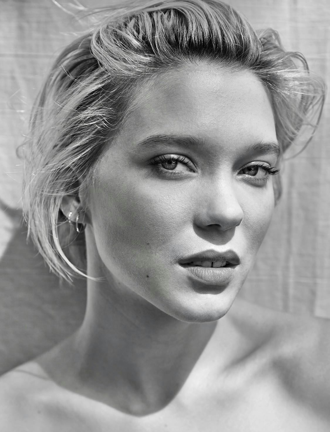 black and white close up photo of lea seydoux