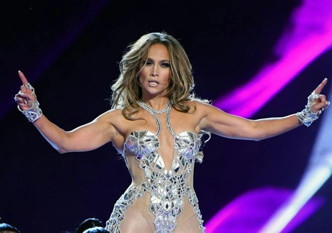 Jennifer Lopez wears silver jewel catsuit while performing at the 2022 Superbowl Halftime Show.