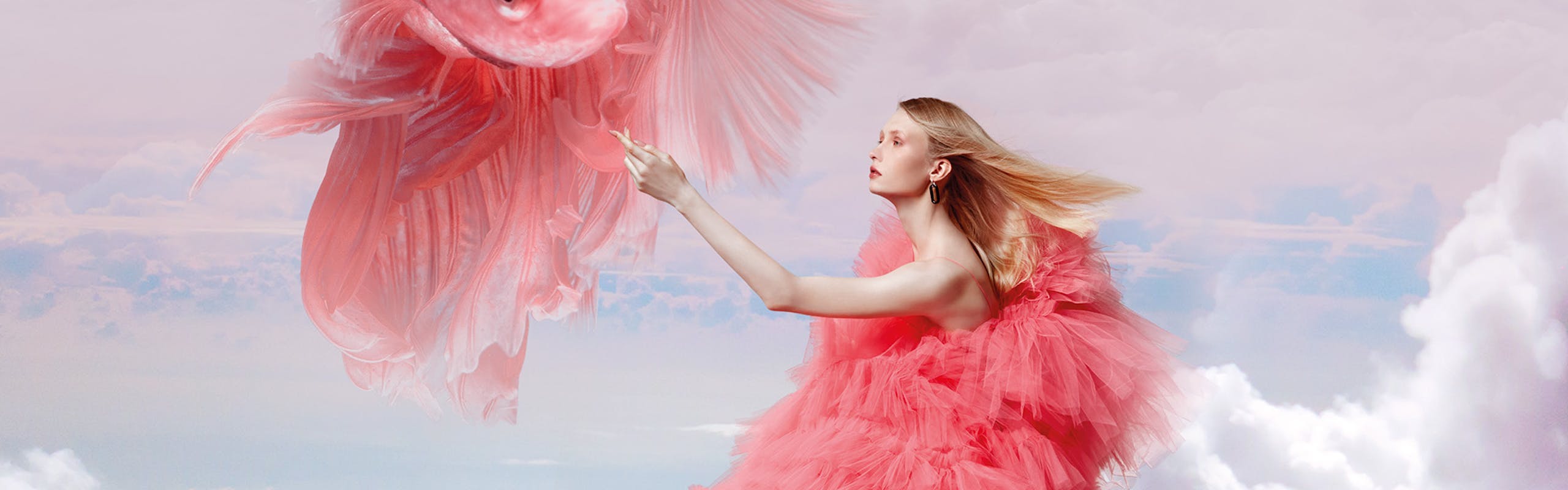 Photographed by Alessandro Esposito for L'OFFICIEL Art Spring 2022 surreal tulle fish clouds pink dress