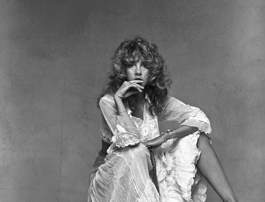 Stevie Nicks in White Gown and Heeled Clogs