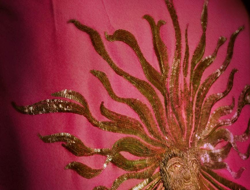 Close up of a pink coat with a gold sun emroidered on the back.