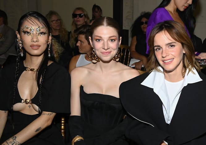 Rina Sawayama, Hunter Schafer, and Emma Watson at Schiaparelli Fall/Winter 2022 Haute Couture.