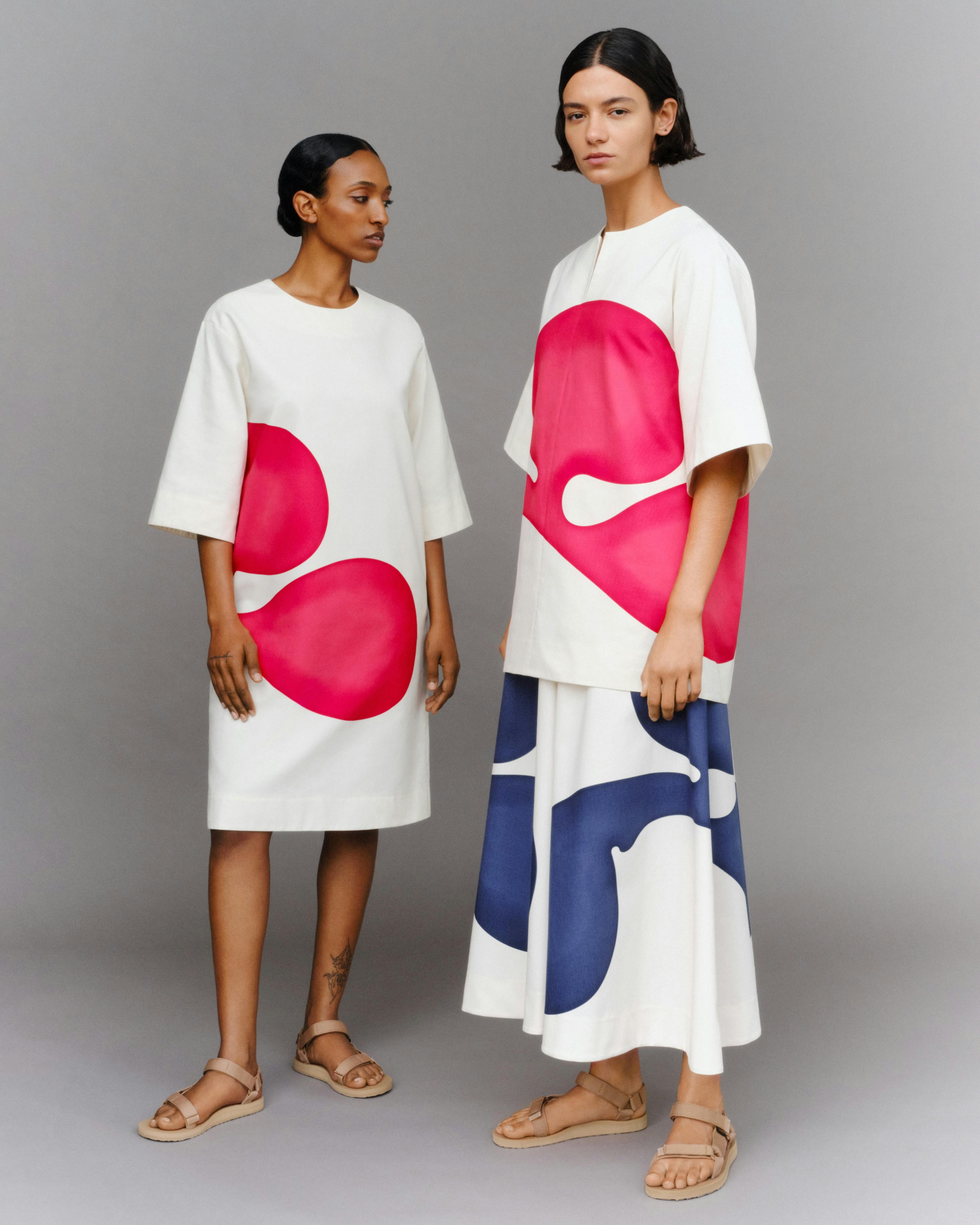 Two models pose in the Landon Metz and Marimekko capsule collection.