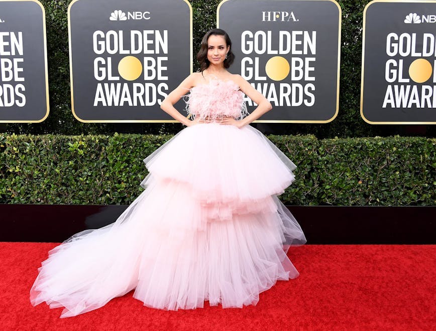 Sofia Carson at the 2021 Golden Globes wearing a pink tulle ballgown with a feathered bodice.