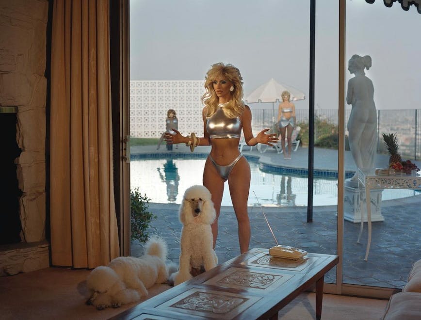 kim kardashian wearing a silver skims bikini beside two whitet poodles