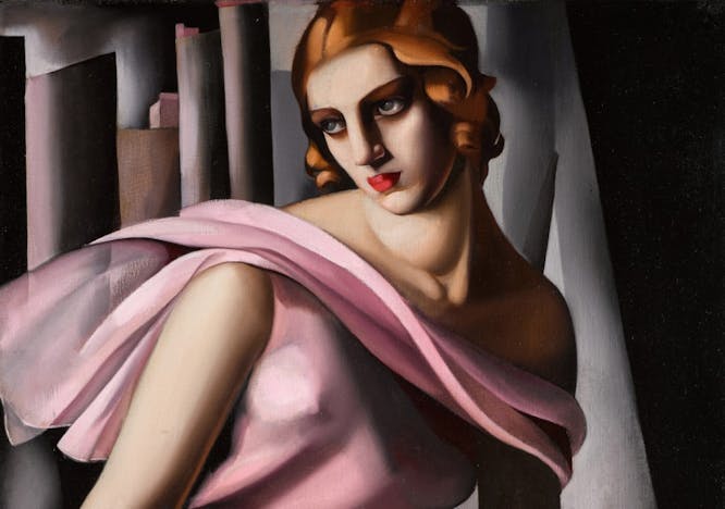 Art deco painting of women red hair pink dress