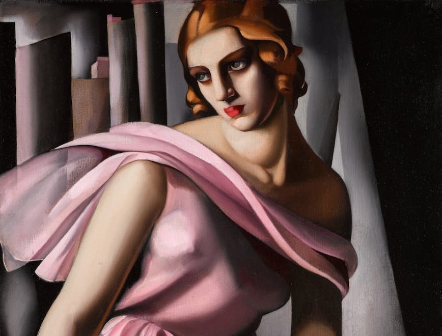Art deco painting of women red hair pink dress