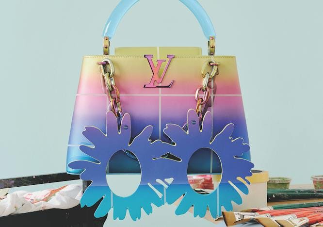 Rainbow-colored bag on a blue background