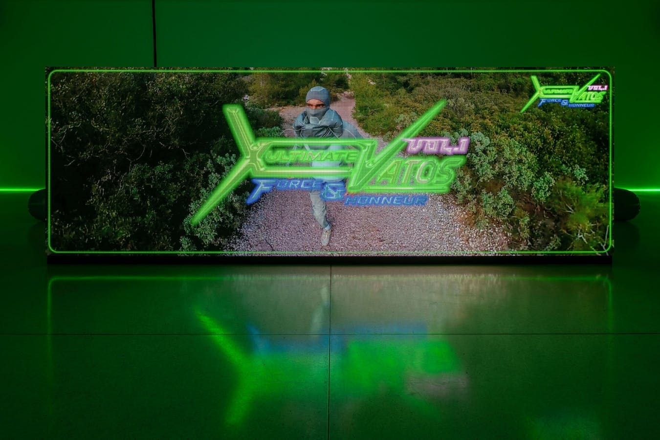 image of a green futuristic artwork with an individual running through a forest