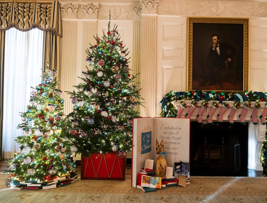 two christmas trees next to a fireplace at the white house