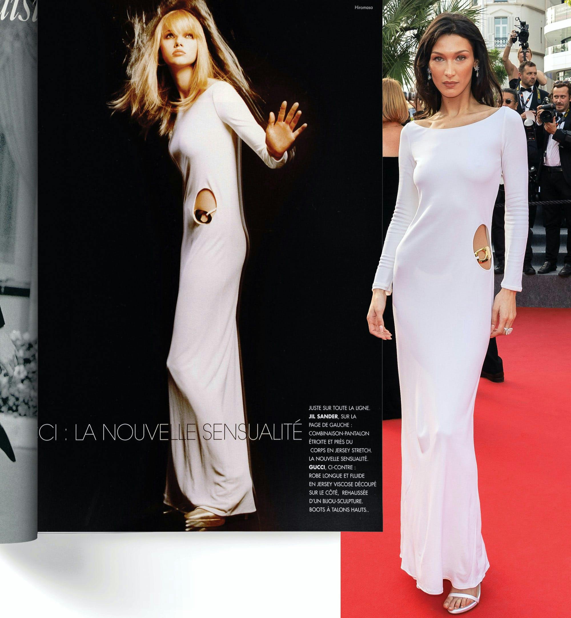 Model wearing Gucci in a 1996 issue of L’OFFICIEL; Bella Hadid at the 75th Annual Cannes Film Festival. Photo by Marc Piasecki