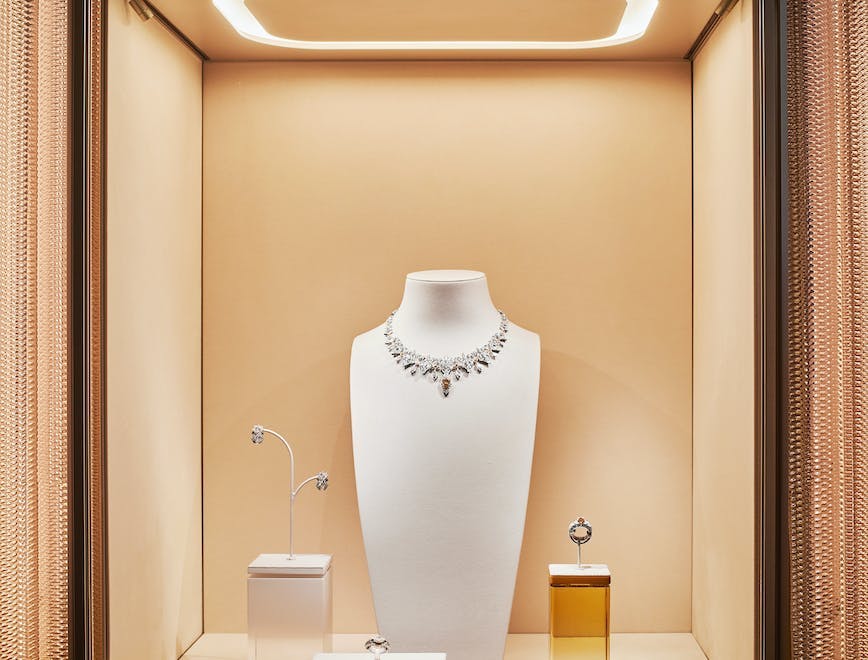 A Cartier necklace in a glass display case.