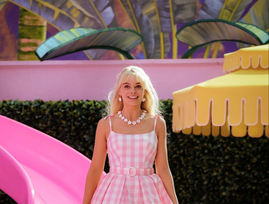 Margot Robbie in pink gingham dress Barbie movie outfits