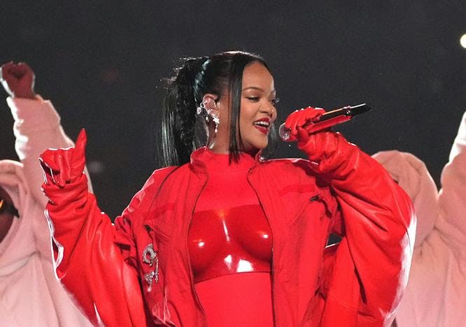 Rihanna performing at the Super Bowl Halftime show in 2023. Photo: Getty Images.