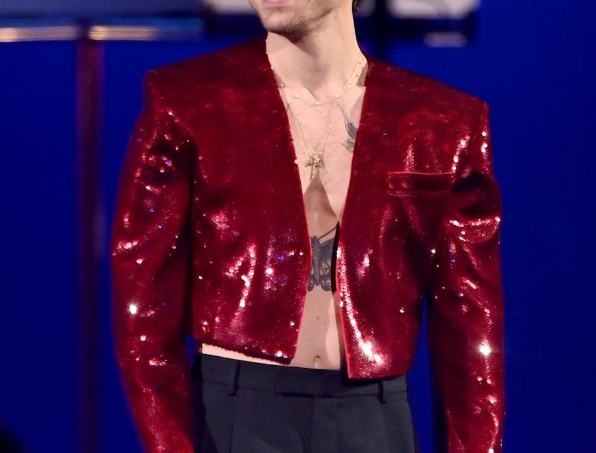 harry styles in red cropped blazer and black pants; super bowl 2024 halftime show rumors