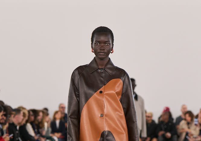 model in dark and light brown colorblocked coat