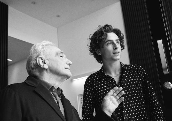 martin scorsese and timothee chalamet working on the chanel campaign