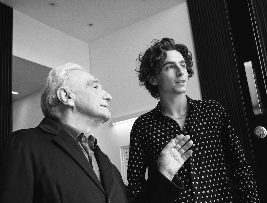 martin scorsese and timothee chalamet working on the chanel campaign