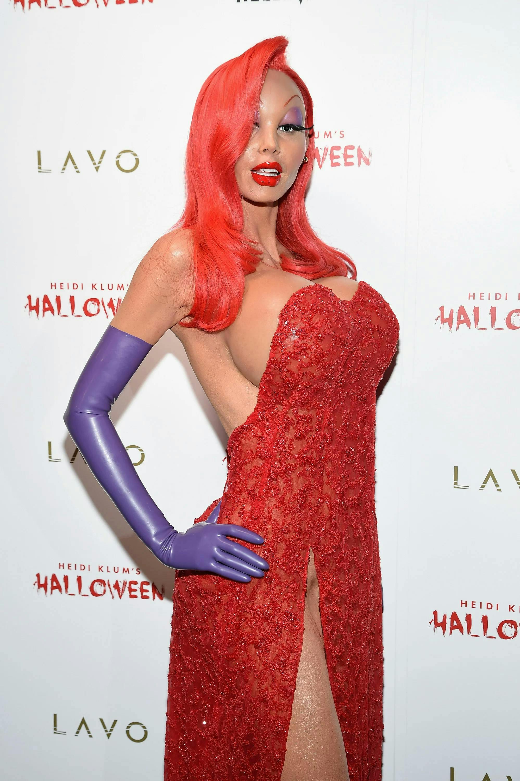 heidi klum as jessica rabbit in red sequin dress and purple gloves